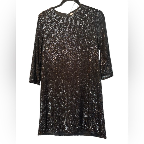 H&M Black Sequin Mini Dress Size Medium Long Sleeve Shift Party Cocktail Sparkle - Picture 2 of 5